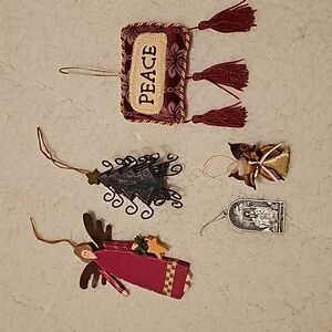 Vintage Lot of 5 Various Ornaments - Angels, Tree, Pillow, Manger Scene